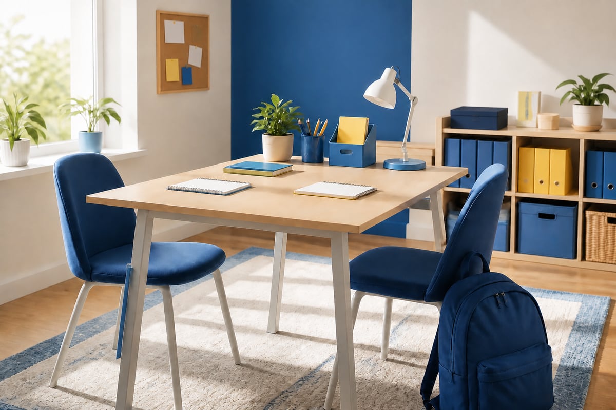 Bright shared study area with two blue chairs, notebooks, storage and a plain backpack.