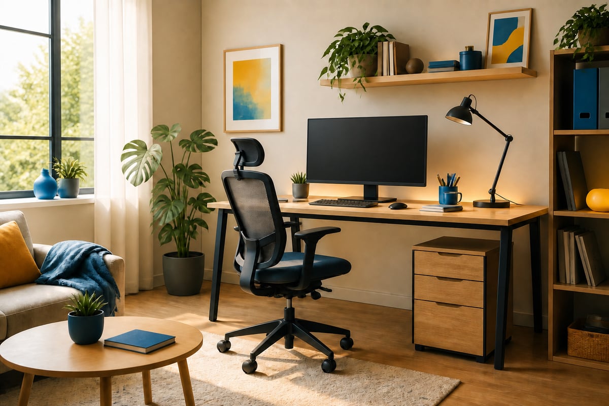 Sunlit home workspace with a wood desk, chair, blank monitor and blue accents.