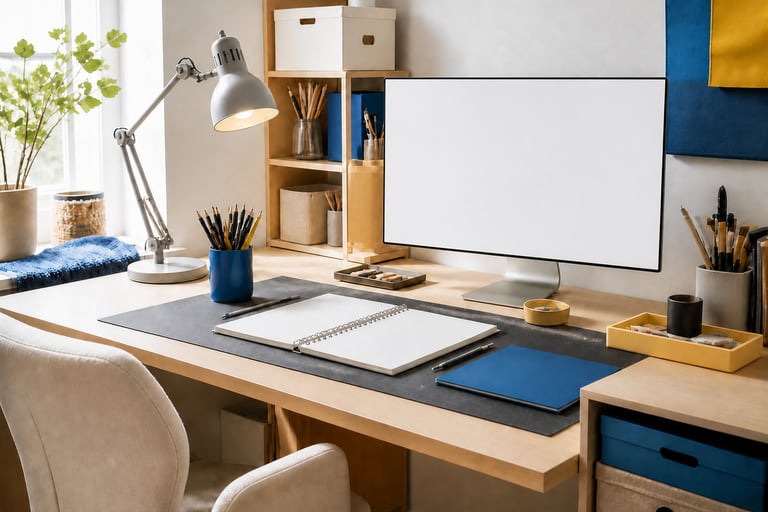 Bright creative studio with a blank monitor, sketchbook, task light and organized tools.