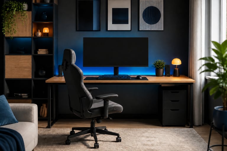Tidy gaming-inspired workspace with a blank monitor, dark chair and restrained blue lighting.
