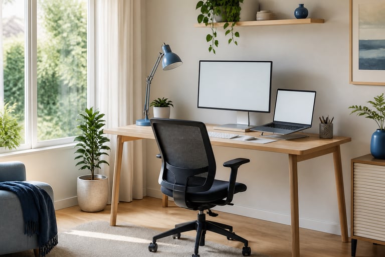 Bright work-from-home space with a wood desk, supportive chair and blank screens.