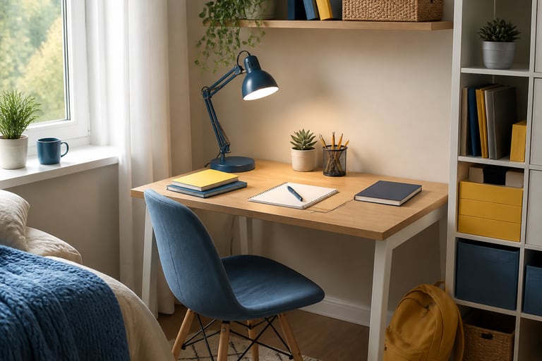 Compact study space with a wood desk, blue chair, task lamp and organized notebooks.